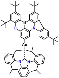(BzIPr)AuBNO (1,3-bis(2,6-diisopropylphenyl)-2,3- dihydro-1H-benzo[d]imidazol-2- yl)(2,4,11,14-tetra-tert-butyl-5-oxa-8b-aza-15b-borabenzo[a]naphtho[1,2,3-hi]aceanthrylen-7-yl)gold