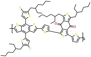 PBDB-T-F; PM6 Poly[[4,8-bis[5-(2-ethylhexyl)-4-fluoro-2-thienyl]benzo-[1,2-b:4,5-b']dithiophene-2,6-diyl]-2,5-thiophenediyl-[5,7-bis(2-ethylhexyl)-4,8-dioxo-4H,8H-benzo[1,2-c:4,5-c']-dithiophene-1,3-diyl]-2,5-thiophenediyl]