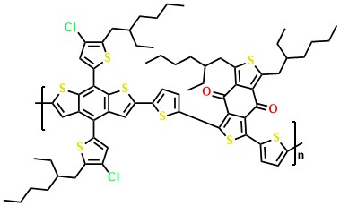 PBDB-T-Cl; PM7 Poly[[4,8-bis[4-chloro-5-(2-ethylhexyl)-2-thienyl]benzo-[1,2-b:4,5-b']dithiophene-2,6-diyl]-2,5-thiophenediyl-[5,7-bis(2-ethylhexyl)-4,8-dioxo-4H,8H-benzo[1,2-c:4,5-c']-dithiophene-1,3-diyl]-2,5-thiophenediyl]