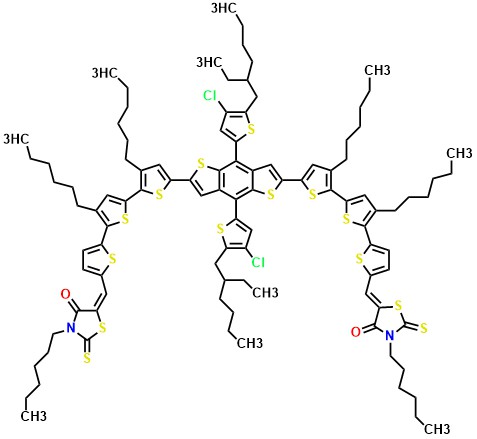 BTR-Cl 5,5'-((5'',5'''''-(4,8-Bis(4-chloro-5-(2-ethylhexyl)thiophen-2-yl)benzo[1,2-b:4,5-b']dithiophene-2,6-diyl)bis(3',3''-dihexyl-[2,2':5',2''-terthiophene]-5'',5-diyl))bis(methanylylidene))bis(3-hexyl-2-thioxothiazolidin-4-one)