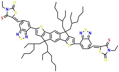EH-IDTBR (5Z)-3-Ethyl-2-sulfanylidene-5- [[4-[9,9,18,18-tetrakis(2-ethylhexyl)-15-[7-[(Z)-(3-ethyl-4-oxo-2-sulfanylidene-1,3-thiazolidin-5-ylidene)methyl]-2,1,3-benzothiadiazol-4-yl]-5,14-dithiapentacyclo[10.6.0.03,10.04,8.013,17]octadeca-1(12),2,4(8),6,10,13(17),15-heptaen-6-yl]-2,1,3-benzothiadiazol-7-yl]methylidene]-1,3-thiazolidin-4-one