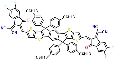 ITIC-4F 2,2'-[[6,6,12,12-Tetrakis(4-hexylphenyl)-6,12-dihydrodithieno[2,3-d:2',3'-d']-s-indaceno[1,2-b:5,6-b']dithiophene-2,8-diyl]bis[methylidyne(5,6-difluoro-3-oxo-1H-indene-2,1(3H)-diylidene)]]bis[propanedinitrile]