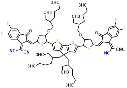 COTIC-4F 2,2'-((((4,4-Bis(2-ethylhexyl)-4H-cyclopenta[2,1-b:3,4-b']dithiophene-2,6-diyl)bis(4-((2-ethylhexyl)oxy)thiophene-5,2-diyl))bis(methaneylylidene))bis(5,6-difluoro-3-oxo-2,3-dihydro-1H-indene-2,1-diylidene))dimalononitrile