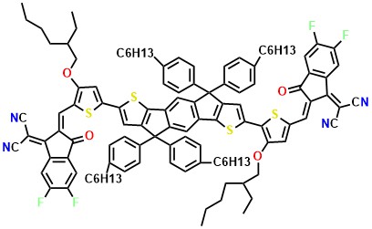 IEICO-4F 2,2'-((2Z,2'Z)-(((4,4,9-tris(4-hexylphenyl)-9-(4-pentylphenyl)-4,9-dihydro-s-indaceno[1,2-b:5,6-b dithiophene-2,7-diyl)bis(4-((2-ethylhexyl)oxy)thiophene5,2-diyl))bis(methanylylidene))bis(5,6-difluoro-3-oxo-2,3-dihydro-1H-indene-2,1-diylidene))dimalononitrile