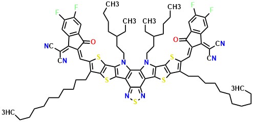 N3-4F 2,2'-(((12,13-Bis(3-ethylheptyl)-3,9-diundecyl-12,13-dihydro-[1,2,5]thiadiazolo[3,4-e]thieno[2'',3'':4',5']thieno[2',3':4,5]pyrrolo[3,2-g]thieno[2',3':4,5]thieno[3,2-b]indole-2,10-diyl)bis(methaneylylidene))bis(5,6-difluoro-3-oxo-2,3-dihydro-1H-indene-2,1-diylidene))dimalononitrile