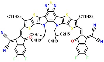 Y6 (Y6-EH-4F) 2,2'-((2Z,2'Z)-((12,13-Bis(2-ethylhexyl)-3,9-diundecyl-12,13-dihydro-[1,2,5]thiadiazolo[3,4-e]thieno-[2",3":4',5']thieno[2',3':4,5]pyrrolo[3,2-g]thieno-[2',3':4,5]thieno[3,2-b]indole-2,10-diyl)bis(methanylylidene))-bis(5,6-difluoro-3-oxo-2,3-dihydro-1H-indene-2,1-diylidene))dimalononitrile
