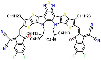Y6-BO-4F 2,2'-((2Z,2'Z)-((12,13-bis(2-butyloctyl)-3,9-diundecyl-12,13-dihydro-[1,2,5]thiadiazolo[3,4-e]thieno[2",3'':4',5']thieno[2',3':4,5]pyrrolo[3,2-g]thieno[2',3':4,5]thieno[3,2-b]indole-2,10-diyl)bis(methanylylidene))bis(5,6-difluoro-3-oxo-2,3-dihydro-1H-indene-2,1-diylidene))dimalononitrile