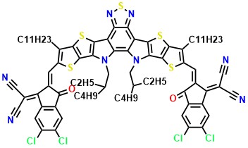 Y6-EH-4Cl 2,2’-((2Z,2’Z)-((12,13-Bis(2-ethylhexyl)-3,9-diundecyl-12,13-dihydro-[1,2,5]thiadiazolo[3,4-e]thieno-[2”,3’’:4’,5’]-thieno[2’,3’:4,5]pyrrolo[3,2-g]thieno-[2’,3’:4,5]thieno[3,2-b]-indole-2,10-diyl)bis(methanylylidene))-bis(5,6-dichloro-3-oxo-2,3-dihydro-1H-indene-2,1-diylidene))dimalononitrile