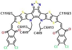 ZY-4Cl 2,2'-((12,13-Bis(2-butyloctyl)-3,9-diundecyl-12,13-dihydro-[1,2,5]thiadiazolo[3,4-e]thieno[2'',3'':4',5']thieno[2',3':4,5]pyrrolo[3,2-g]thieno[2',3':4,5]thieno[3,2-b]indole-2,10-diyl)bis(methanylylidene))bis(5,6-dichloro-1H-indene-1,3(2H)-dione)