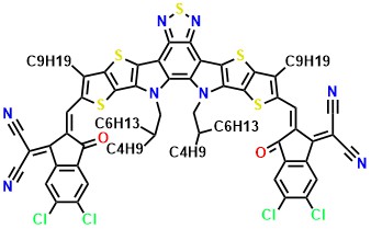 BTP-eC9 2,2'-((2Z,2'Z)-((12,13-bis(2-butyloctyl)-3,9-dinonyl-12,13-dihydro-[1,2,5]thiadiazolo[3,4-e]thieno[2'',3'':4',5']thieno[2',3':4,5]pyrrolo[3,2-g]thieno[2',3':4,5]thieno[3,2-b]indole-2,10-diyl)bis(methanylylidene))bis(5,6-dichloro-3-oxo-2,3-dihydro-1H-indene-2,1-diylidene))dimalononitrile