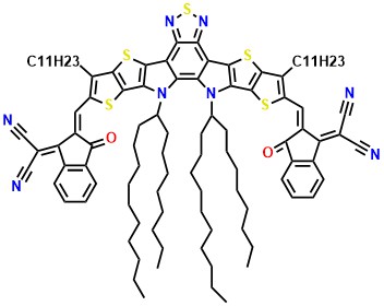 Y6-OD-2Br 2,2'-[[12,13-Dihydro-12,13-bis(2-octyldodecyl)-3,9-diundecylbisthieno[2'',3'':4',5']thieno[2',3':4,5]pyrrolo[3,2-e:2',3'-g][2,1,3]benzothiadiazole-2,10-diyl]bis[methylidyne(bromo-3-oxo-1H-indene-2,1(3H)-diylidene)]]bis[propanedinitrile]