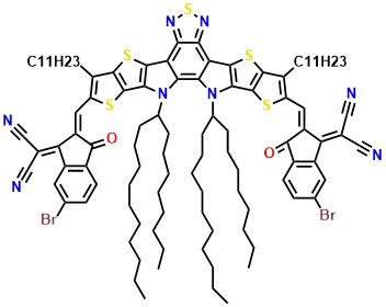 Y6-OD-2Br 2,2'-(((12,13-Bis(2-octyldodecyl)-3,9-diundecyl-12,13-dihydro-[1,2,5]thiadiazolo[3,4-e]thieno[2'',3'':4',5']thieno[2',3':4,5]pyrrolo[3,2-g]thieno[2',3':4,5]thieno[3,2-b]indole-2,10-diyl)bis(methanylylidene))bis(6-bromo-3-oxo-2,3-dihydro-1H-indene-2,1-diylidene))dimalononitrile