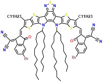 Y6-OD-2Br 2,2'-(((12,13-Bis(2-octyldodecyl)-3,9-diundecyl-12,13-dihydro-[1,2,5]thiadiazolo[3,4-e]thieno[2'',3'':4',5']thieno[2',3':4,5]pyrrolo[3,2-g]thieno[2',3':4,5]thieno[3,2-b]indole-2,10-diyl)bis(methanylylidene))bis(5-bromo-3-oxo-2,3-dihydro-1H-indene-2,1-diylidene))dimalononitrile