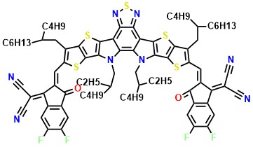 L8-BO 2,2'-((2Z,2'Z)-((12,13-bis(2-ethylhexyl)-3,9-(2-butyloctyl)-12,13-dihydro-[1,2,5]thiadiazolo[3,4-e]thieno[2",3’':4’,5']thieno[2',3':4,5]pyrrolo[3,2-g]thieno[2',3':4,5]thieno[3,2-b]indole-2,10-diyl)bis(methanylylidene))bis(5,6-difluoro-3-oxo-2,3-dihydro-1H-indene-2,1-diylidene))dimalononitrile
