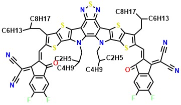 L8-HD 2,2'-(((12,13-Bis(2-ethylhexyl)-3,9-bis(2-hexyldecyl)-12,13-dihydro-[1,2,5]thiadiazolo[3,4-e]thieno[2'',3'':4',5']thieno[2',3':4,5]pyrrolo[3,2-g]thieno[2',3':4,5]thieno[3,2-b]indole-2,10-diyl)bis(methanylylidene))bis(5,6-difluoro-3-oxo-2,3-dihydro-1H-indene-2,1-diylidene))dimalononitrile