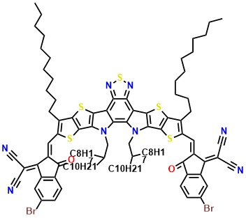 PYT-OD 2,2'-(((12,13-Bis(2-octyldodecyl)-3,9-diundecyl-12,13-dihydro-[1,2,5]thiadiazolo[3,4-e]thieno[2'',3'':4',5']thieno[2',3':4,5]pyrrolo[3,2-g]thieno[2',3':4,5]thieno[3,2-b]indole-2,10-diyl)bis(methanylylidene))bis(6-bromo-3-oxo-2,3-dihydro-1H-indene-2,1-diylidene))dimalononitrile